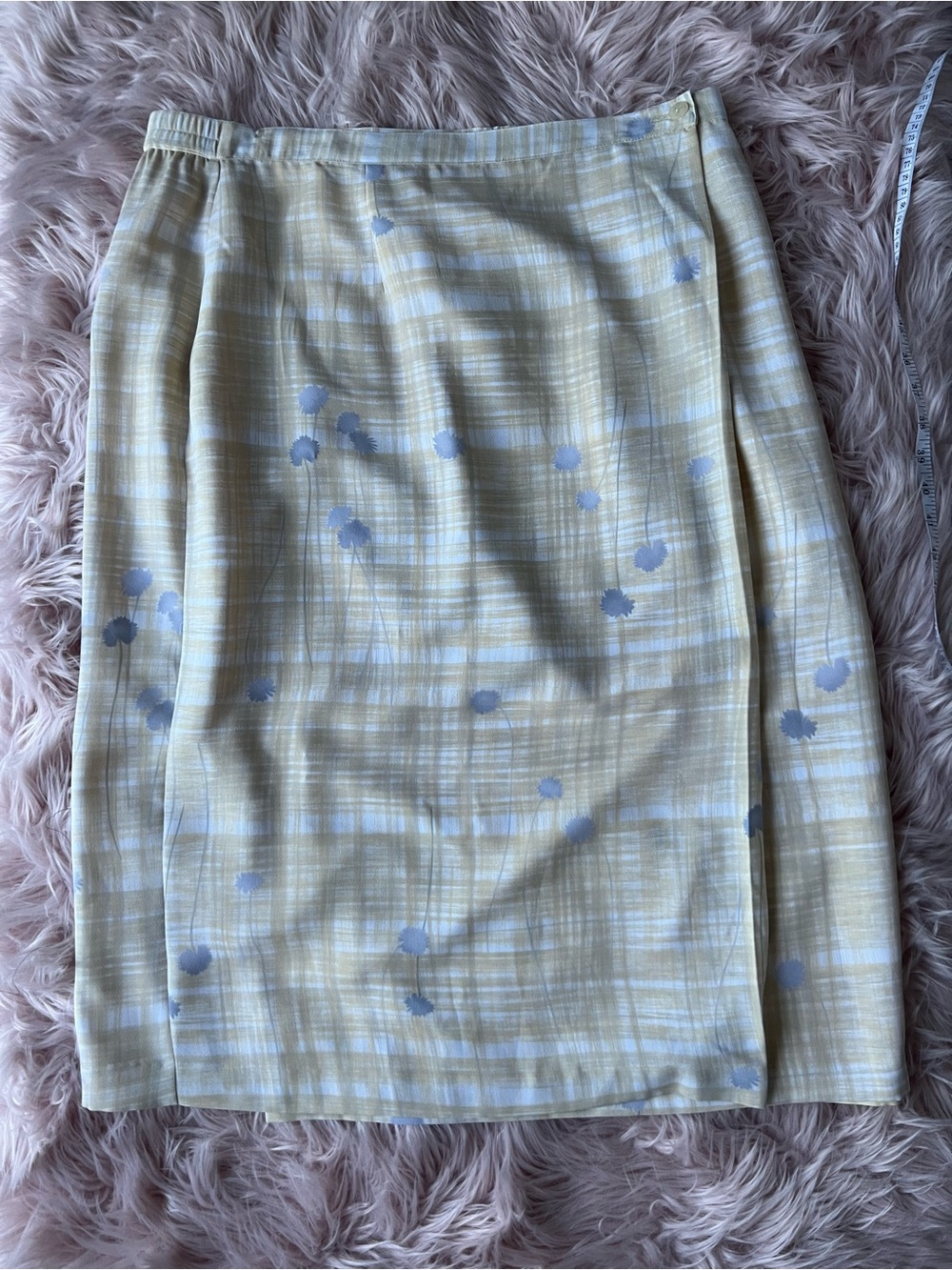 Vintage TanJay Light Yellow Plaid Midi Skirt with Pale Blue Floral Accents